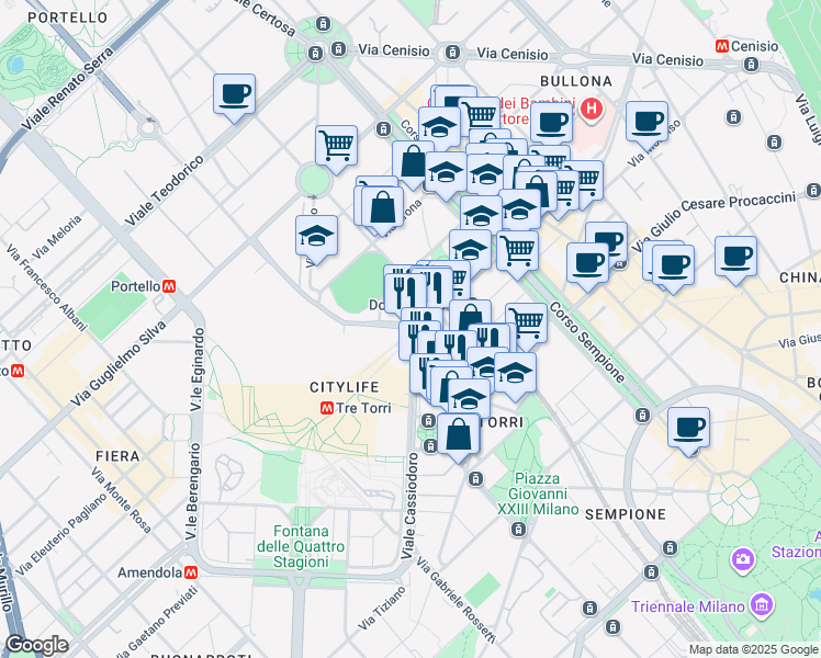 map of restaurants, bars, coffee shops, grocery stores, and more near 2 Largo Domodossola in Milano