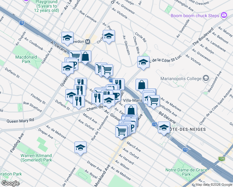 map of restaurants, bars, coffee shops, grocery stores, and more near 4515 Avenue Coolbrook in Montréal
