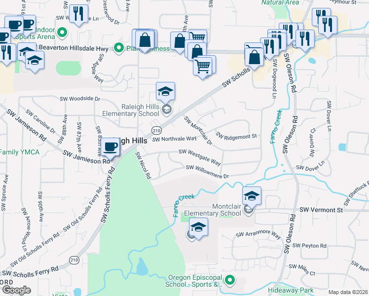 map of restaurants, bars, coffee shops, grocery stores, and more near 7785 Southwest Westgate Way in Portland