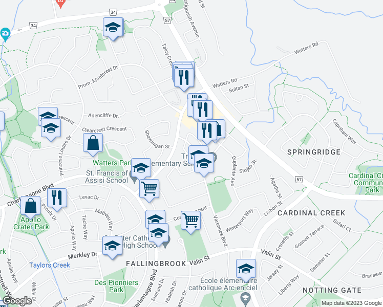 map of restaurants, bars, coffee shops, grocery stores, and more near 1471 Corsham Avenue in Ottawa