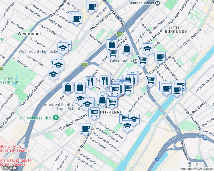 map of restaurants, bars, coffee shops, grocery stores, and more near 701 Rue Irène in Montréal