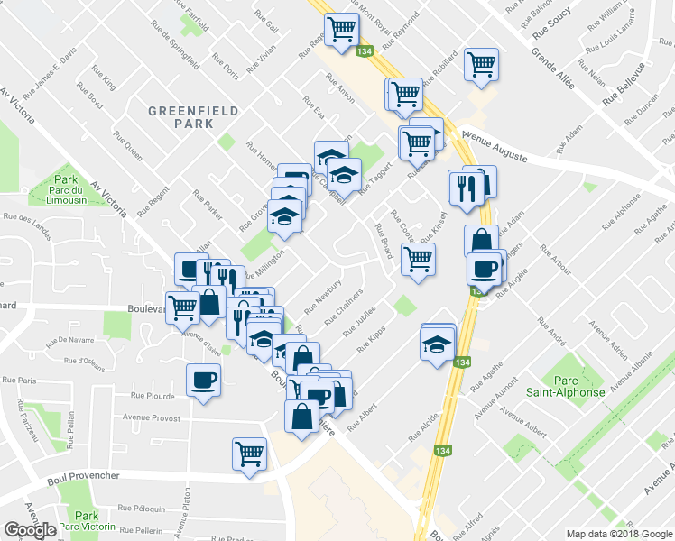 map of restaurants, bars, coffee shops, grocery stores, and more near 849 Rue Miller in Longueuil