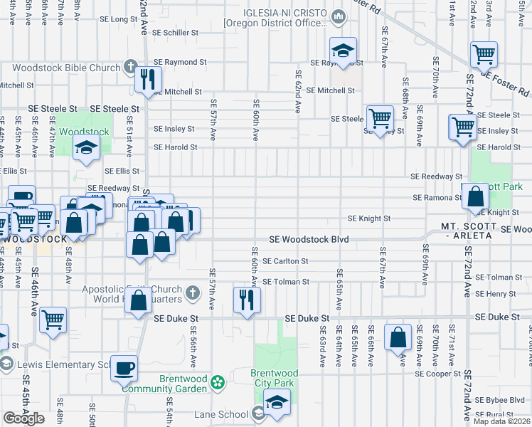 map of restaurants, bars, coffee shops, grocery stores, and more near 6025 Southeast Knight Street in Portland