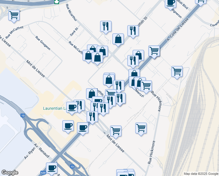 map of restaurants, bars, coffee shops, grocery stores, and more near 7445 Chemin de la Côte-de-Liesse in Montréal