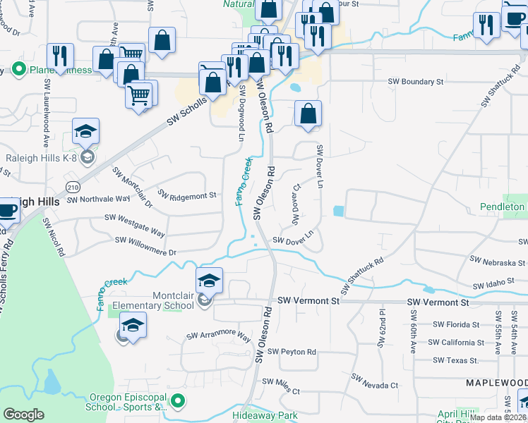 map of restaurants, bars, coffee shops, grocery stores, and more near 5485 Southwest Ames Way in Portland