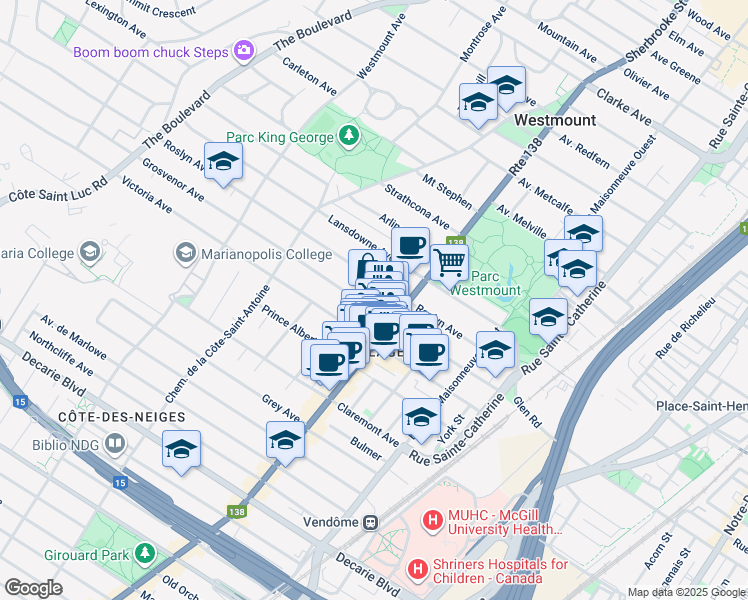 map of restaurants, bars, coffee shops, grocery stores, and more near 435 Avenue Grosvenor in Westmount