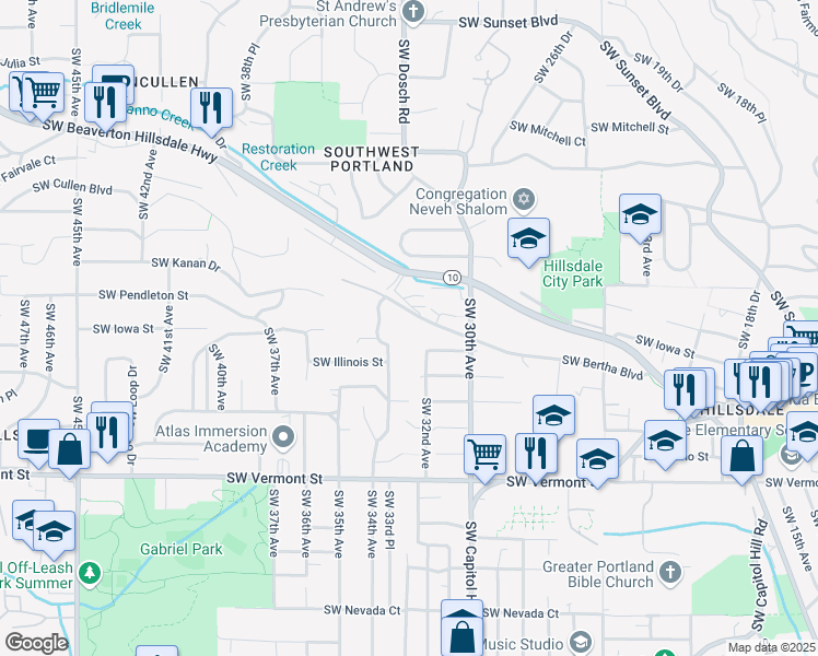 map of restaurants, bars, coffee shops, grocery stores, and more near 3202 Southwest Bertha Boulevard in Portland