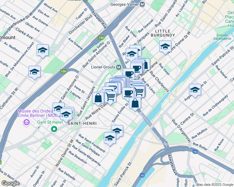 map of restaurants, bars, coffee shops, grocery stores, and more near 3473 Rue Notre-Dame Ouest in Montréal