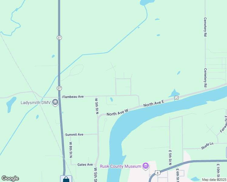 map of restaurants, bars, coffee shops, grocery stores, and more near 1310 Northridge Drive in Ladysmith