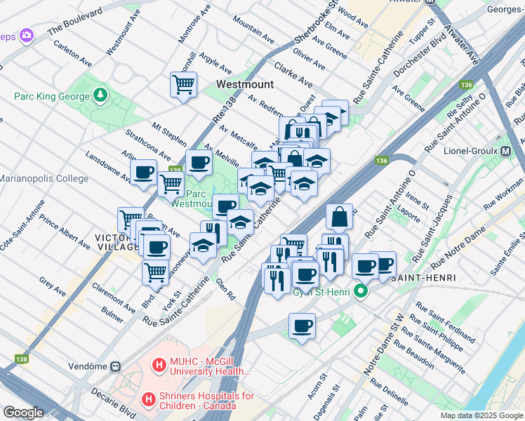 map of restaurants, bars, coffee shops, grocery stores, and more near 7 Place Park in Westmount