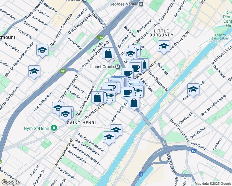 map of restaurants, bars, coffee shops, grocery stores, and more near in Montreal