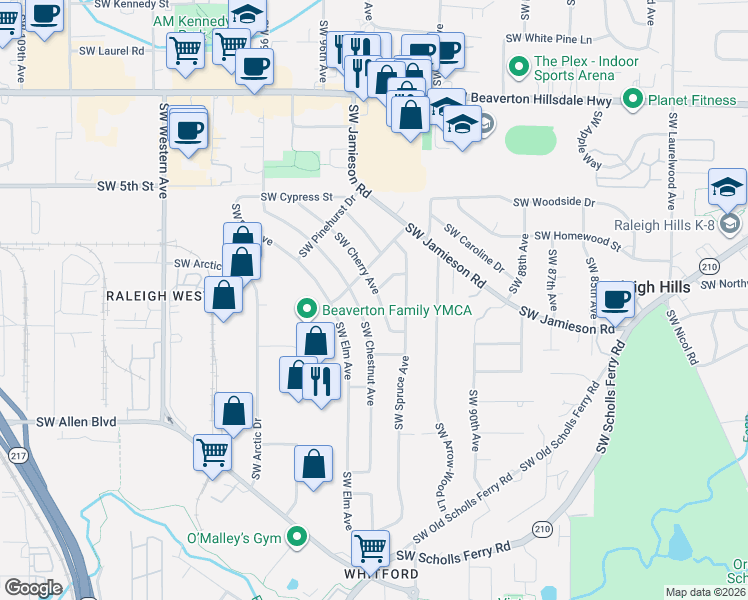 map of restaurants, bars, coffee shops, grocery stores, and more near 5525 Southwest Cherry Avenue in Beaverton