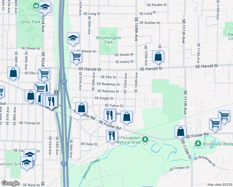map of restaurants, bars, coffee shops, grocery stores, and more near 10133 Southeast Knight Street in Portland