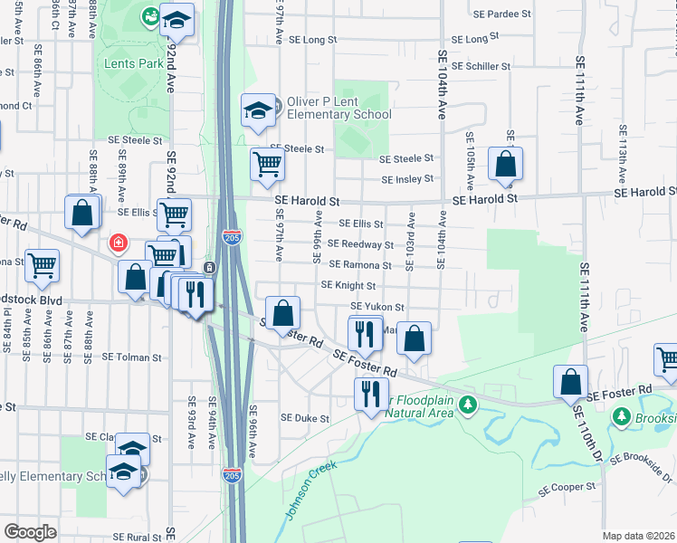 map of restaurants, bars, coffee shops, grocery stores, and more near 10003 Southeast Knight Street in Portland