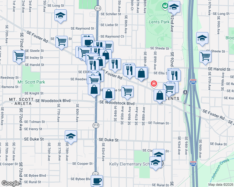 map of restaurants, bars, coffee shops, grocery stores, and more near 5840 Southeast 85th Avenue in Portland