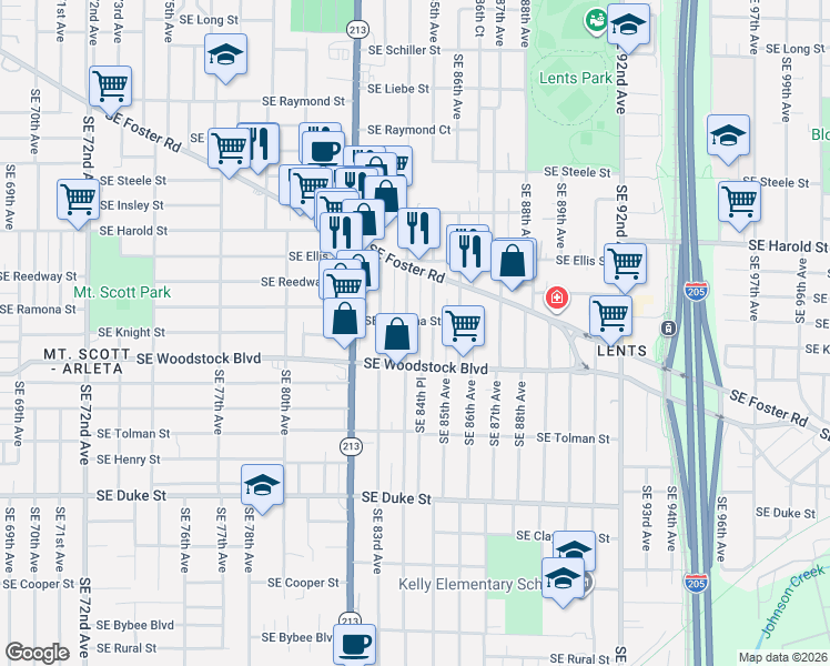 map of restaurants, bars, coffee shops, grocery stores, and more near 5837 Southeast 84th Avenue in Portland