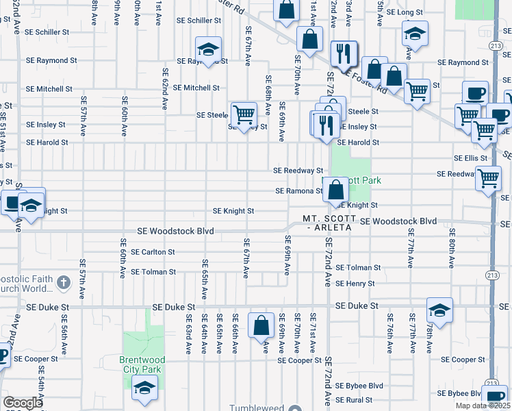 map of restaurants, bars, coffee shops, grocery stores, and more near 6740 Southeast Knight Street in Portland