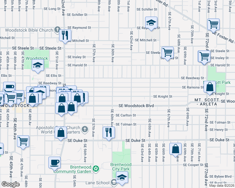map of restaurants, bars, coffee shops, grocery stores, and more near 6056 Southeast Knight Street in Portland