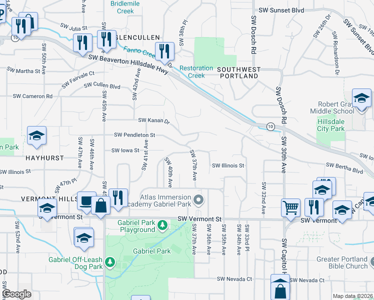map of restaurants, bars, coffee shops, grocery stores, and more near 3820 Southwest Iowa Street in Portland