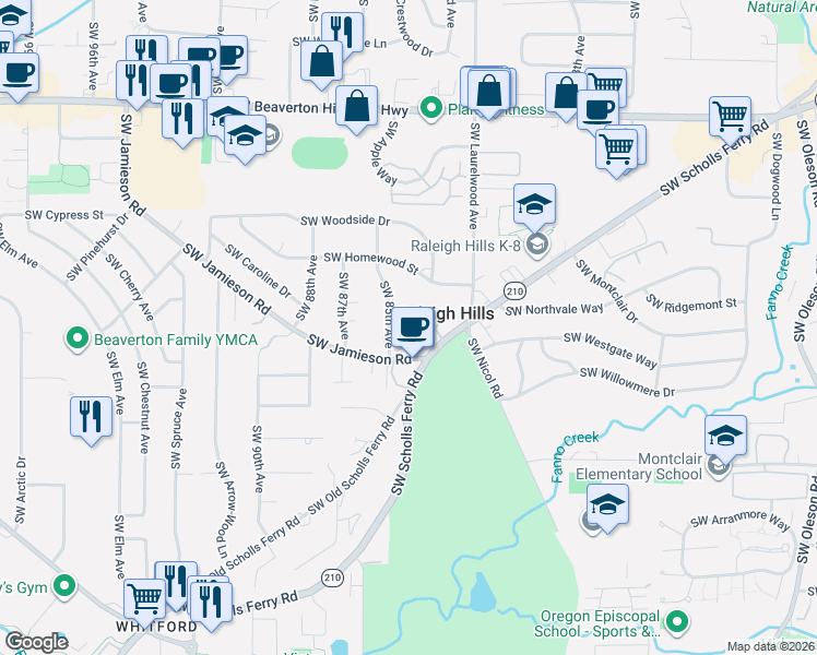 map of restaurants, bars, coffee shops, grocery stores, and more near 8409 Southwest Jamieson Road in Portland