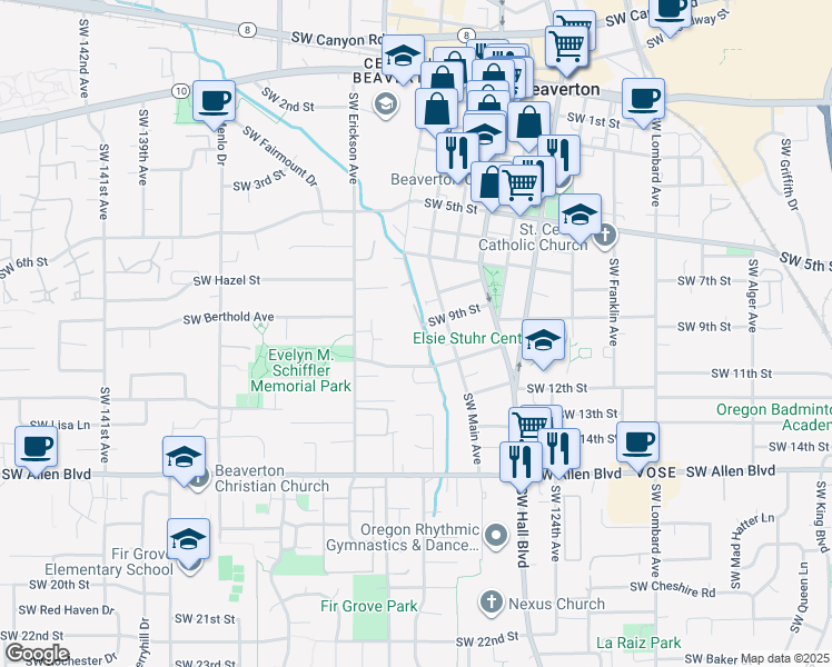map of restaurants, bars, coffee shops, grocery stores, and more near 12900 Southwest 10th Street in Beaverton