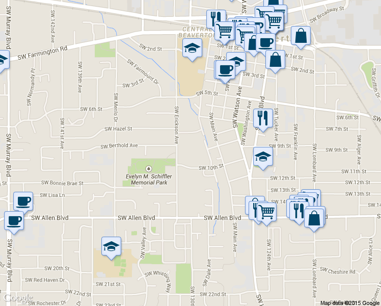 map of restaurants, bars, coffee shops, grocery stores, and more near 5450 Southwest Erickson Avenue in Beaverton