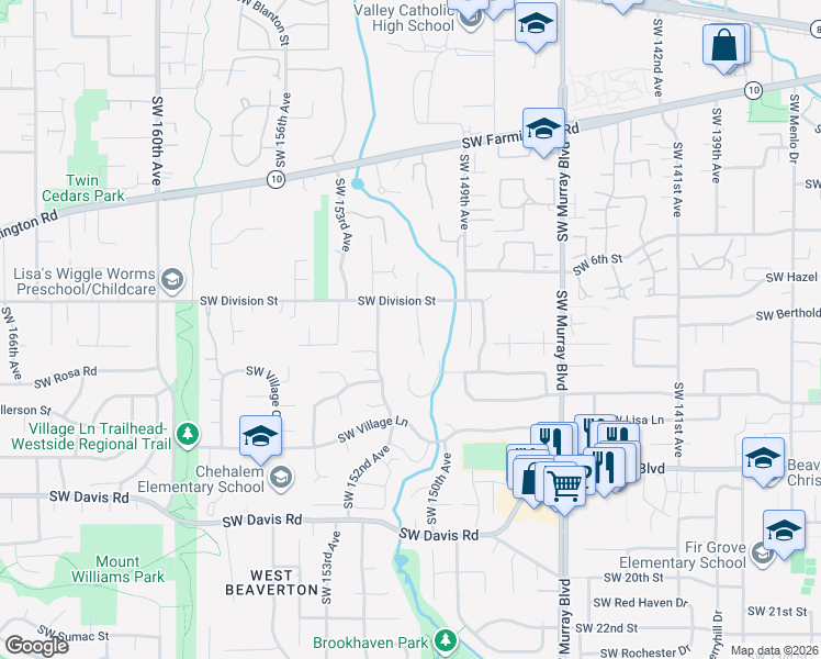 map of restaurants, bars, coffee shops, grocery stores, and more near 5505 Southwest 150th Court in Beaverton