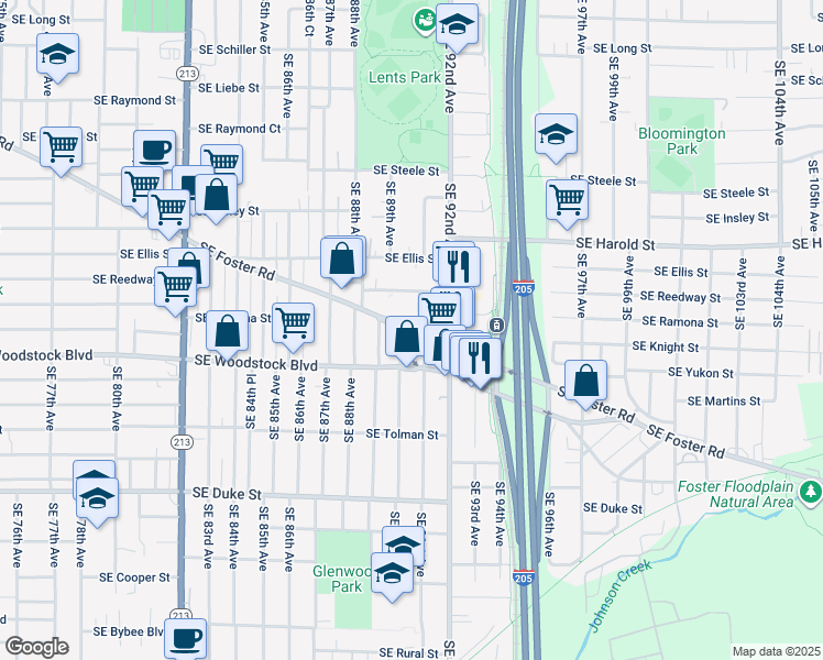 map of restaurants, bars, coffee shops, grocery stores, and more near 9005 Southeast Foster Road in Portland