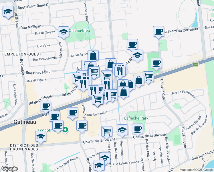 map of restaurants, bars, coffee shops, grocery stores, and more near 4 Impasse de la Gare Talon in Gatineau