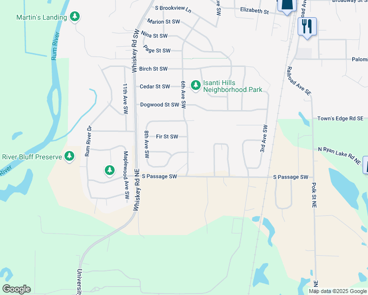 map of restaurants, bars, coffee shops, grocery stores, and more near 600 Hickory Street Southwest in Isanti