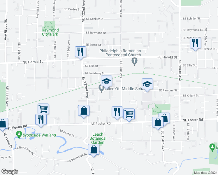 map of restaurants, bars, coffee shops, grocery stores, and more near 12559 Southeast Ramona Street in Portland