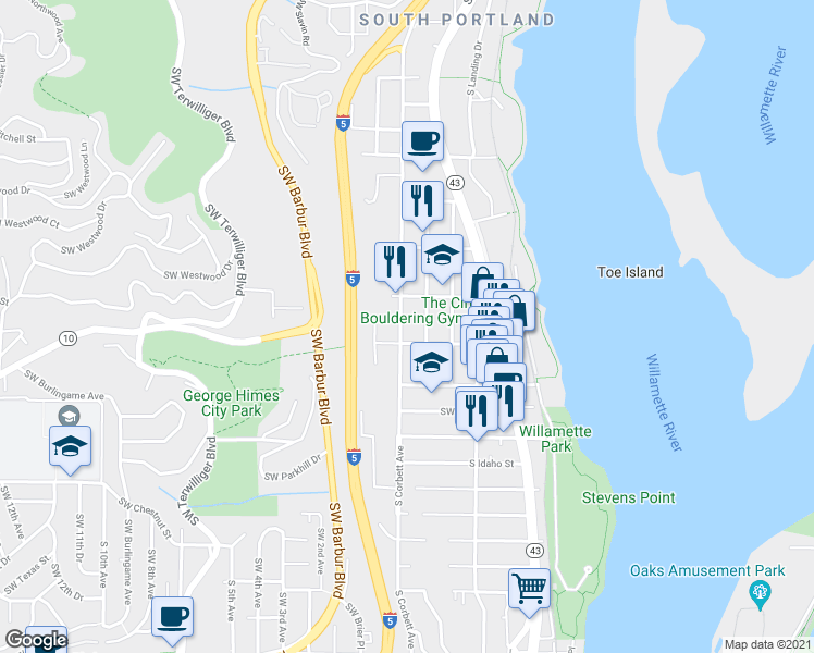 map of restaurants, bars, coffee shops, grocery stores, and more near 6010 South Corbett Avenue in Portland