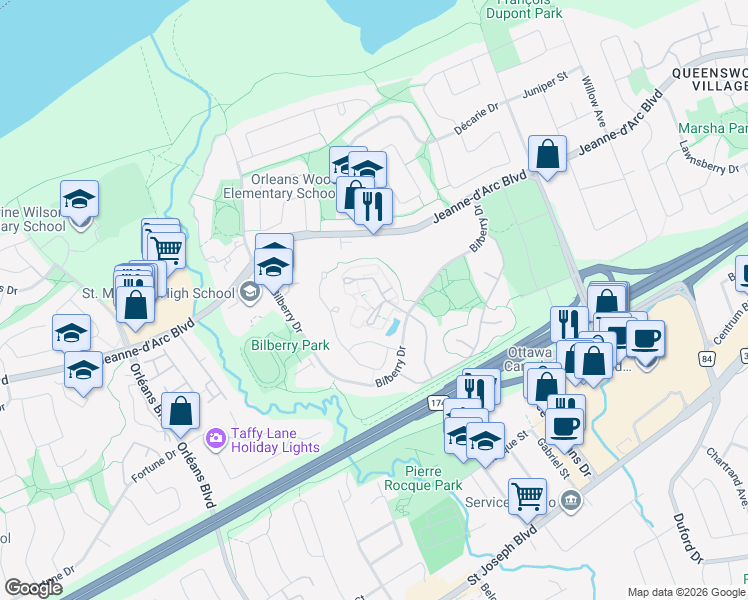 map of restaurants, bars, coffee shops, grocery stores, and more near 215 Titanium Private in Ottawa