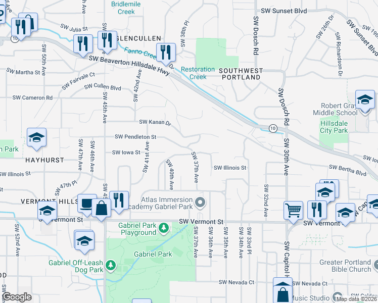 map of restaurants, bars, coffee shops, grocery stores, and more near 3793 Southwest Iowa Street in Portland