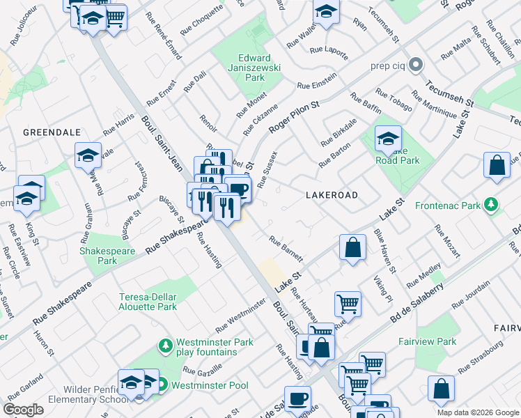 map of restaurants, bars, coffee shops, grocery stores, and more near 108 Rue Sussex in Dollard-des-Ormeaux