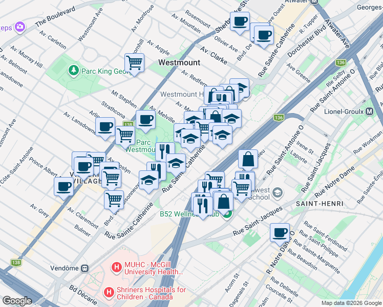 map of restaurants, bars, coffee shops, grocery stores, and more near 5 Place Park in Westmount