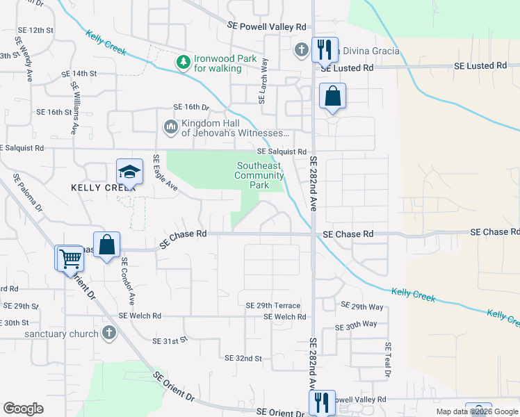 map of restaurants, bars, coffee shops, grocery stores, and more near 2404 Southeast Jasmine Way in Gresham