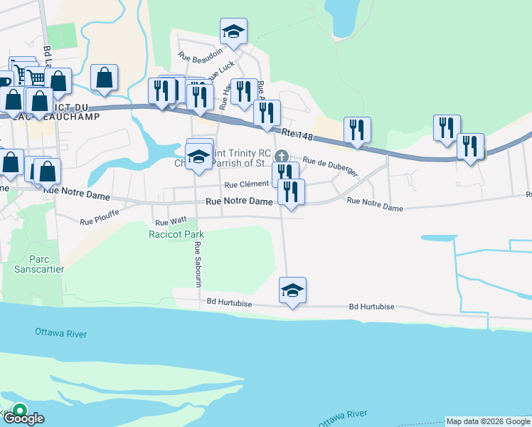 map of restaurants, bars, coffee shops, grocery stores, and more near 629 Rue Watt in Gatineau