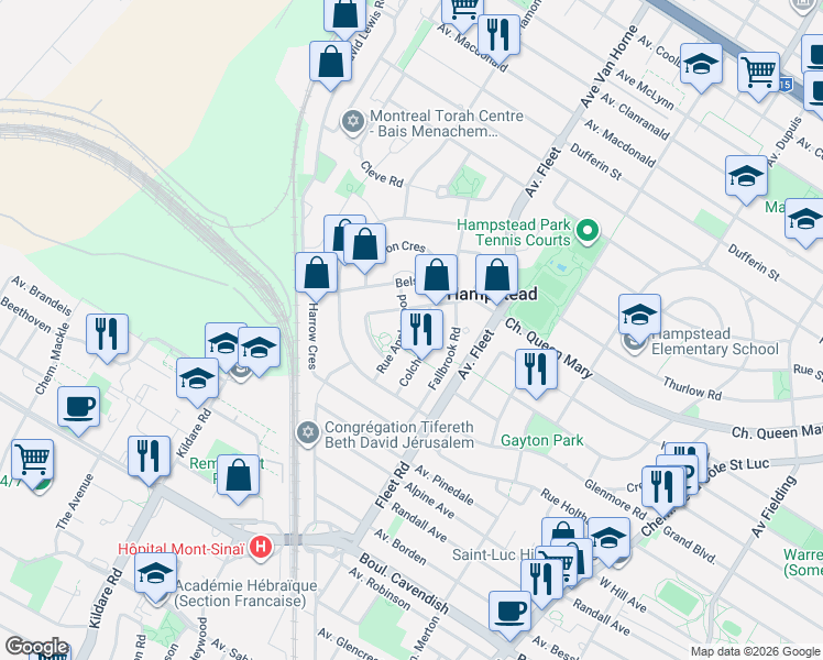 map of restaurants, bars, coffee shops, grocery stores, and more near 10 Rue Applewood in Hampstead