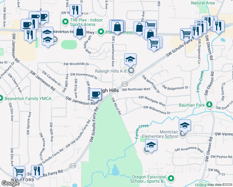 map of restaurants, bars, coffee shops, grocery stores, and more near 5400 Southwest Scholls Ferry Road in Portland