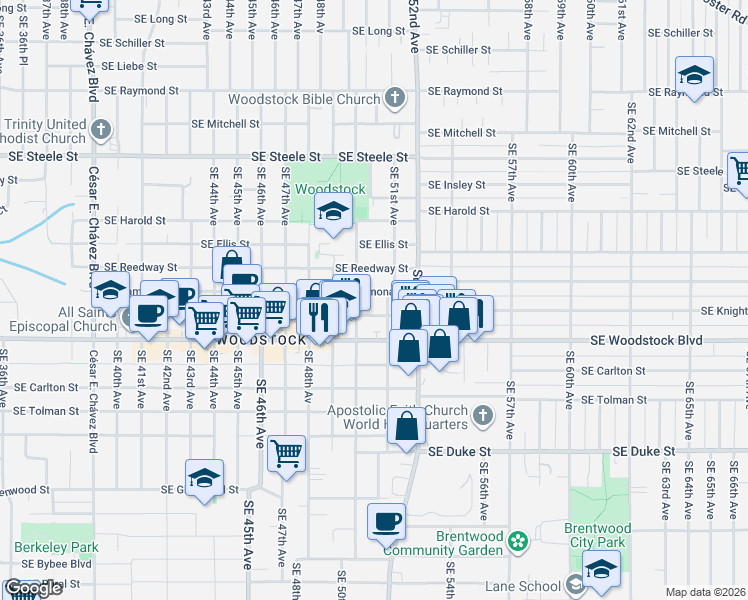 map of restaurants, bars, coffee shops, grocery stores, and more near 5820 Southeast 51st Avenue in Portland