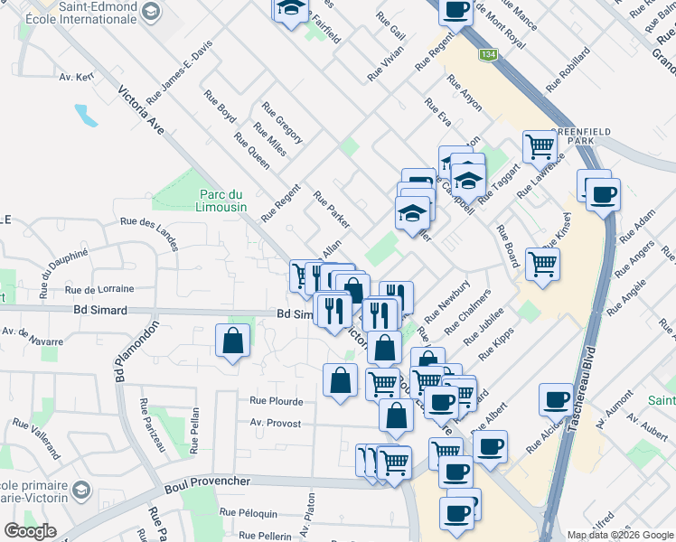 map of restaurants, bars, coffee shops, grocery stores, and more near 757 Rue Devey in Longueuil