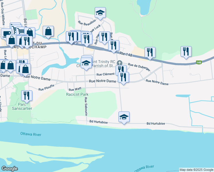 map of restaurants, bars, coffee shops, grocery stores, and more near 615 Rue Watt in Gatineau