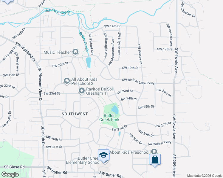 map of restaurants, bars, coffee shops, grocery stores, and more near 2525 Southwest 23rd Street in Gresham