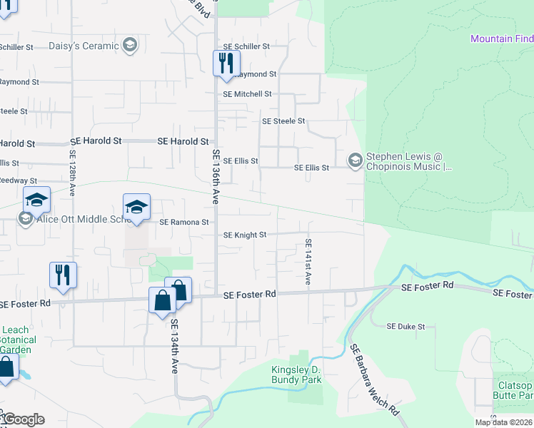 map of restaurants, bars, coffee shops, grocery stores, and more near 5834 Southeast 140th Avenue in Portland