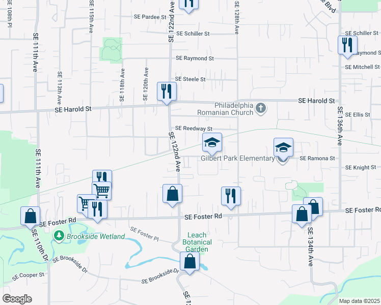 map of restaurants, bars, coffee shops, grocery stores, and more near 12226 Southeast Ramona Street in Portland