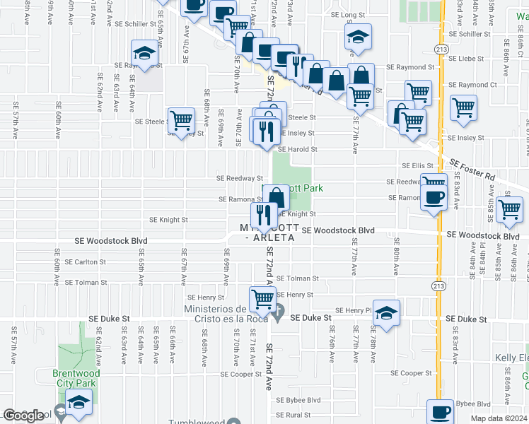 map of restaurants, bars, coffee shops, grocery stores, and more near 7211 Southeast Woodstock Interchge in Portland