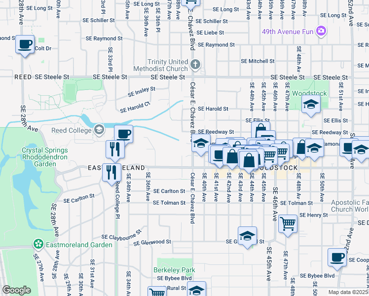 map of restaurants, bars, coffee shops, grocery stores, and more near 3809 Southeast Knight Street in Portland