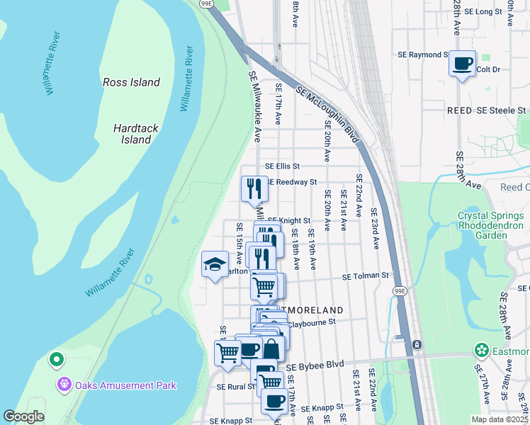 map of restaurants, bars, coffee shops, grocery stores, and more near 1610 Southeast Knight Street in Portland