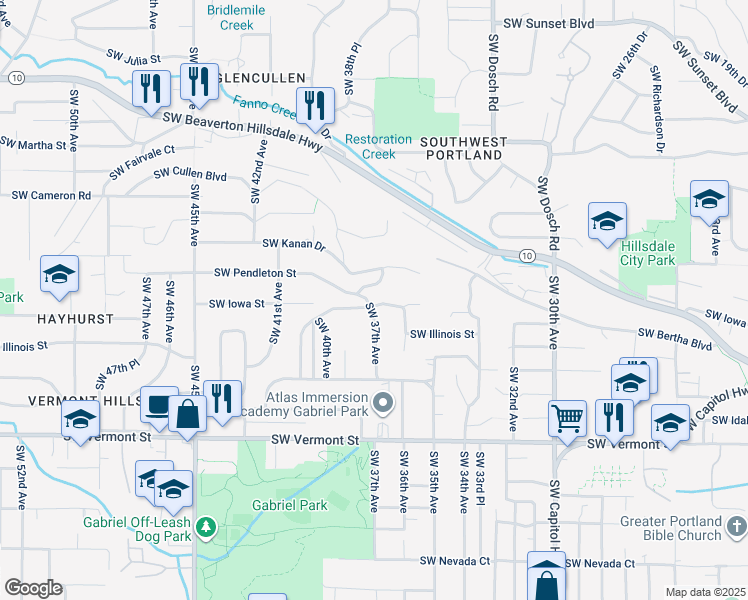 map of restaurants, bars, coffee shops, grocery stores, and more near 6116 Southwest 37th Avenue in Portland
